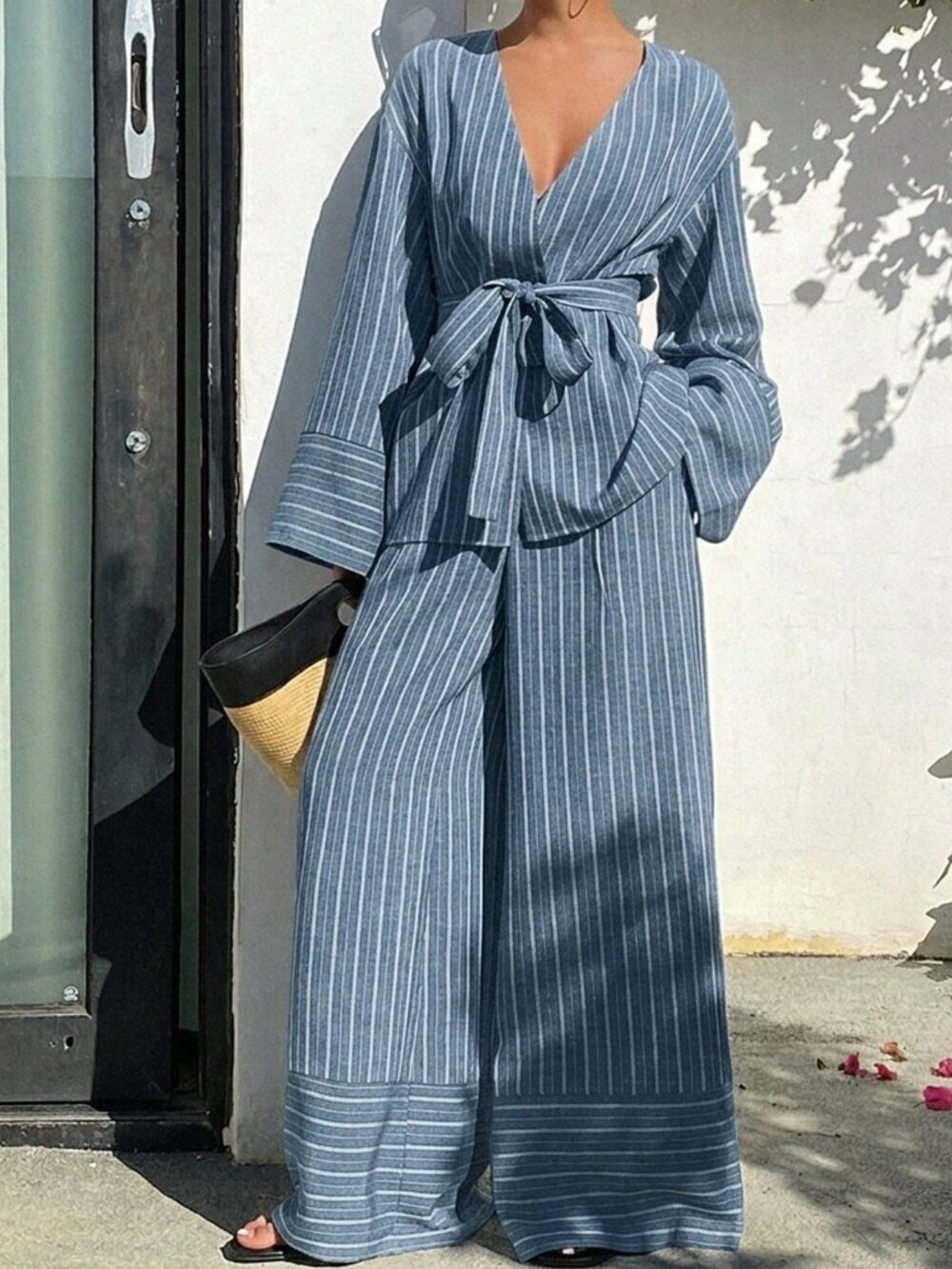 Blue Casual Women's V-Neck Lace-Up Top & Striped Long Pants 2-Piece Vacation Set